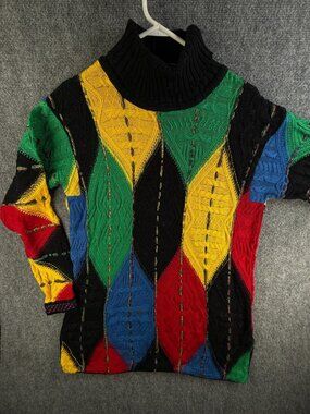 COOGI Australia Women Turtleneck Sweater Intricate Knit Abstract Colorful Medium